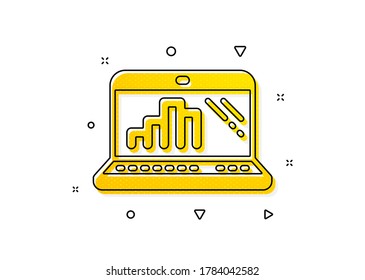 Signo de gráfico de columnas. Icono de gráfico portátil. Símbolo del diagrama de crecimiento. Patrón de círculos amarillos. Icono clásico del portátil gráfico. Elementos geométricos. Vector