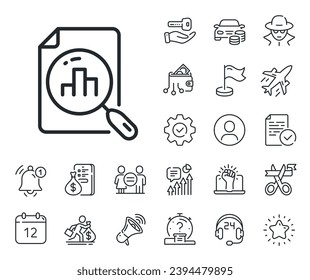 Column chart sign. Salaryman, gender equality and alert bell outline icons. Analytics graph line icon. Growth diagram symbol. Analytics graph line sign. Spy or profile placeholder icon. Vector