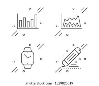 Column chart, Smartwatch and Trade chart line icons set. Brand contract sign. Financial graph, Digital time, Market data. Edit report. Science set. Line column chart outline icon. Vector
