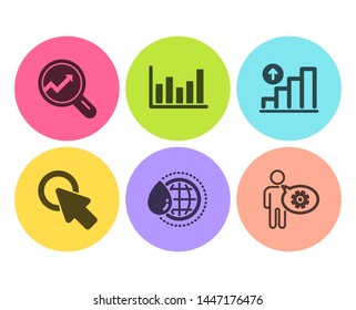 Column chart, World water and Graph chart icons simple set. Click here, Analytics and Cogwheel signs. Financial graph, Aqua drop. Science set. Flat column chart icon. Circle button. Vector