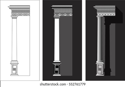 Column in a classic style isolated on white and grey backgrounds