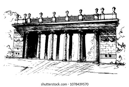 Column colonnade - ancient old architectural building. Vector sketch hand drawing ink. Postcard, cover for notepad, picture in the interior. Ionic order - old historical cultural landmark. 