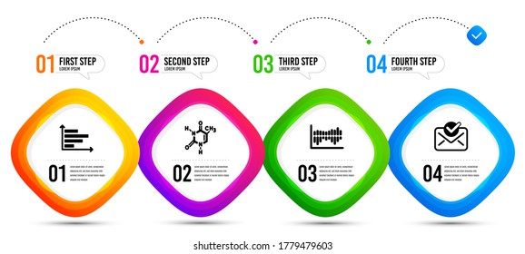 Column diagram, Chemical formula and Approved mail icons simple set. Timeline infographic. Horizontal chart sign. Sale statistics, Chemistry, Confirmed document. Presentation graph. Vector