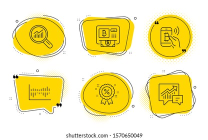 Column diagram, Data analysis and Accounting signs. Chat bubbles. Discount, Bitcoin atm and Bitcoin pay line icons set. Sale shopping, Cryptocurrency change, Mobile payment. Sale statistics. Vector