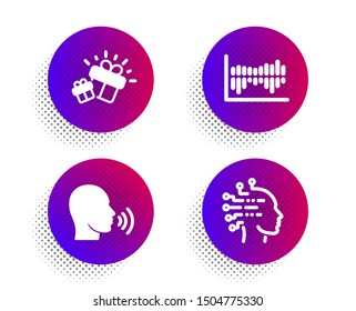 Column diagram, Human sing and Gift icons simple set. Halftone dots button. Artificial intelligence sign. Sale statistics, Talk, Marketing box. Mind intellect. Business set. Vector