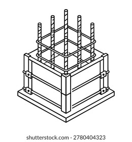 Column formwork, column formwork with rebar cage black and white vector line illustration