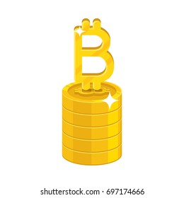 Column gold bitcoins isolated cartoon icon. Heap of gold bitcoins and bitcoin signs for designers and illustrators. Gold stacks of pieces in the form of a vector illustration