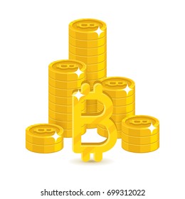 Column gold bitcoins stacks. Heap of gold bitcoins and bitcoin signs for designers and illustrators. Gold stacks of pieces in the form of a vector illustration