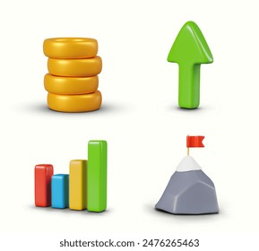 Column of gold coins, green arrow up, colorful chart, mountain with flag on top