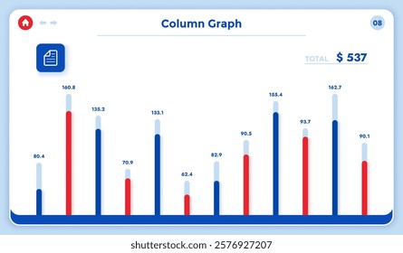 Column Graph for money earnings summary on website page. Financial data analytics vertical bars diagram online. Business information presentation report design template on white background