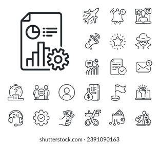 Column graph, pie chart sign. Salaryman, gender equality and alert bell outline icons. Report line icon. Market analytics symbol. Report line sign. Spy or profile placeholder icon. Vector