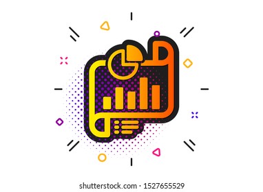 Column graph sign. Halftone circles pattern. Report document icon. Growth diagram, pie chart symbol. Classic flat report document icon. Vector