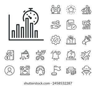 Column graph sign. Salaryman, gender equality and alert bell outline icons. Report timer line icon. Growth diagram chart symbol. Report timer line sign. Spy or profile placeholder icon. Vector