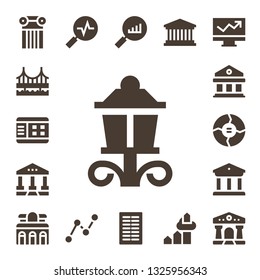column icon set. 17 filled column icons.  Collection Of - Column, Bridge, Graph, Street lamp, Courthouse, Museum, Stats, Statistics, Columns, Pantheon, Chart, Line chart