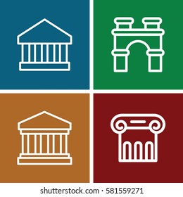column icons set. Set of 4 column outline icons such as Greek column, arch, court building