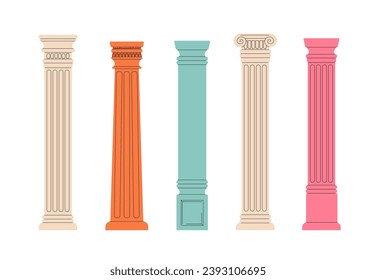 Conjunto de líneas de columna. Decoración de mármol beige, rosa y azul. Arquitectura griega y romana en estilo doodle. Historia y cultura. Colección vectorial plana de dibujos animados aislada en fondo blanco