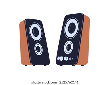 Alto-falantes de coluna, sistema de áudio estéreo. Alto-falantes eletrônicos profissionais, equipamento de concerto de música com amplificador e subwoofer. Ilustração de vetor plano isolada no plano de fundo branco