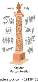 Column of Marcus Aurelius, Rome, Italy. The history of the Roman Empire in spiral relief. Vector illustration.