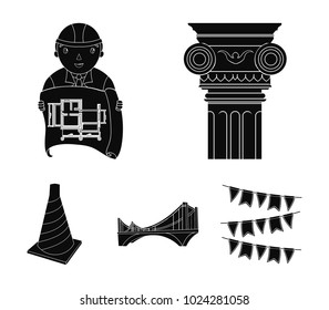 Column, master with drawing, bridge, index cone. Architecture set collection icons in black style vector symbol stock illustration web.