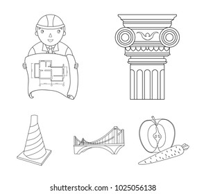 Column, master with drawing, bridge, index cone. Architecture set collection icons in outline style vector symbol stock illustration web.
