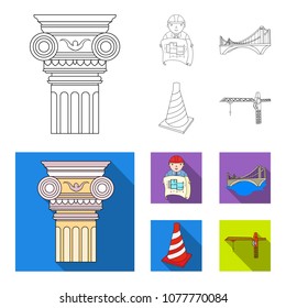 Column, master with drawing, bridge, index cone. Architecture set collection icons in outline,flat style vector symbol stock illustration web.