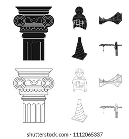 Column, master with drawing, bridge, index cone. Architecture set collection icons in black,outline style vector symbol stock illustration web.