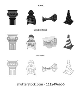 Column, master with drawing, bridge, index cone. Architecture set collection icons in black,monochrome,outline style vector symbol stock illustration web.