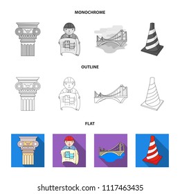 Column, master with drawing, bridge, index cone. Architecture set collection icons in flat,outline,monochrome style vector symbol stock illustration web.