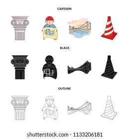Column, master with drawing, bridge, index cone. Architecture set collection icons in cartoon,black,outline style vector symbol stock illustration web.