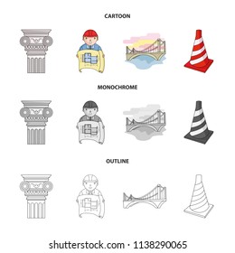 Column, master with drawing, bridge, index cone. Architecture set collection icons in cartoon,outline,monochrome style vector symbol stock illustration web.