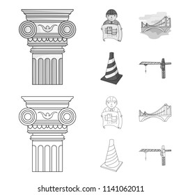 Column, master with drawing, bridge, index cone. Architecture set collection icons in outline,monochrome style vector symbol stock illustration web.