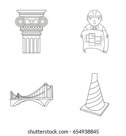 Column, master with drawing, bridge, index cone. Architecture set collection icons in outline style vector symbol stock illustration web.