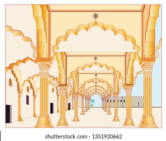 The Column, Open Hall of the Great Fort in Agra, India - Public Hall. The fortress is listed on the World Heritage List and is therefore open to the public.
