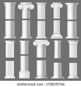 Column pillar realistic mockups of antique Roman and Greek architecture. 3d vector white marble stone Doric and Ionic columns with vertical fluted shafts, bases and ornate capitals with volutes