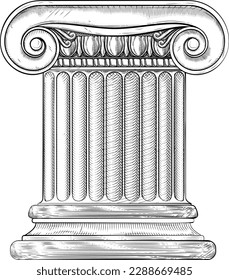 A column or pillar from a Roman or Greek ionic temple in a retro vintage woodcut