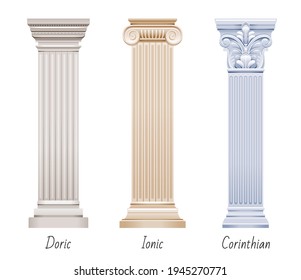 Conjunto de vectores de columna. Arquitectura griega o romana antigua. Antigua columna clásica de Grecia, Roma. Ilustración peatonal blanca. Columna de diseño de estilo antiguo, icono de escultura aislado de piedra de mármol.