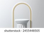 Column podium with golden arch, product display or showcase stand mockup, vector background. White marble or gypsum column pillar podium with arch and golden shine bezel for premium product display