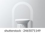 Column podium with white arch. Realistic 3d vector sleek Roman or Greek round pillar pedestal adorned with graceful arc, exuding elegance and sophistication. Minimalist design for product presentation