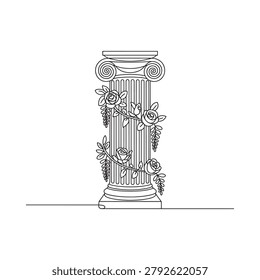 column with roses and leaves continuous line drawing on white