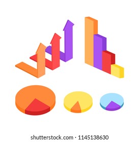 Column and round diagrams, arrows up vector set. Colorful circles with dedicated sectors, pillars from highest to lowest, pointers of stairs look