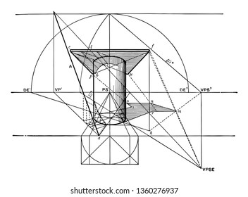 Columna que ayuda a una losa cuadrada horizontal en ángulos rectos al plano de la imagen. Un poste se inclina a diferencia de la pared en la parte posterior y la sombra forjada se sienta en la columna de dibujo de la línea de vintage