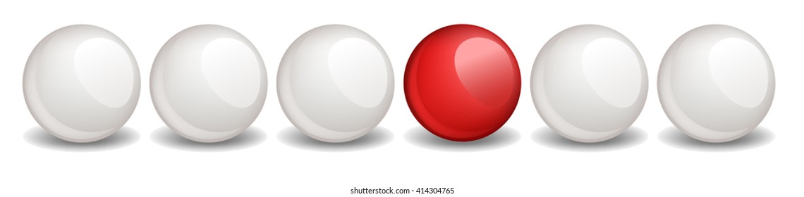 Column of a white spheres and unique red sphere. Vector illustration, no size limit. 