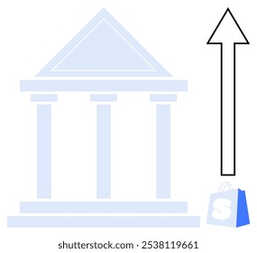 Columned structure with a pediment and an upward arrow representing progress or economic gain. Includes a shopping bag at the base of the arrow. Ideal for business, finance, economics, growth