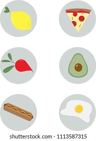 Columned vector illustrations of food in grey circles on white background. 