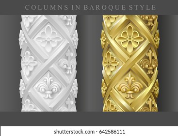 Columns in the baroque style. Set of white stone and gold. Architectural details in vector graphics