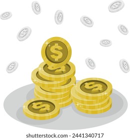Columns of cents, vector illustration. Yellow large coins.