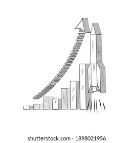 Säulendiagramm und Rakete auf weißem Hintergrund