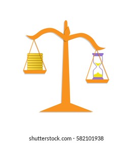 Columns from coins and hourglass on scale. Time and money.