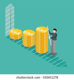 Columns of coins and a man with a ruler - isometrics. Revenue growth, the measurement of income.