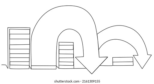 Columns with a falling market indicator in one line on a white background. Illustration of crisis, losses, falling stocks, bankruptcy. Vector financial bar with down arrows. Stock vector image.